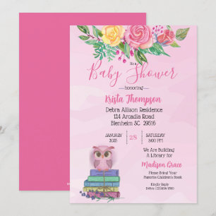 Cute Pink Owl Bring A Book Baby Shower Invitation