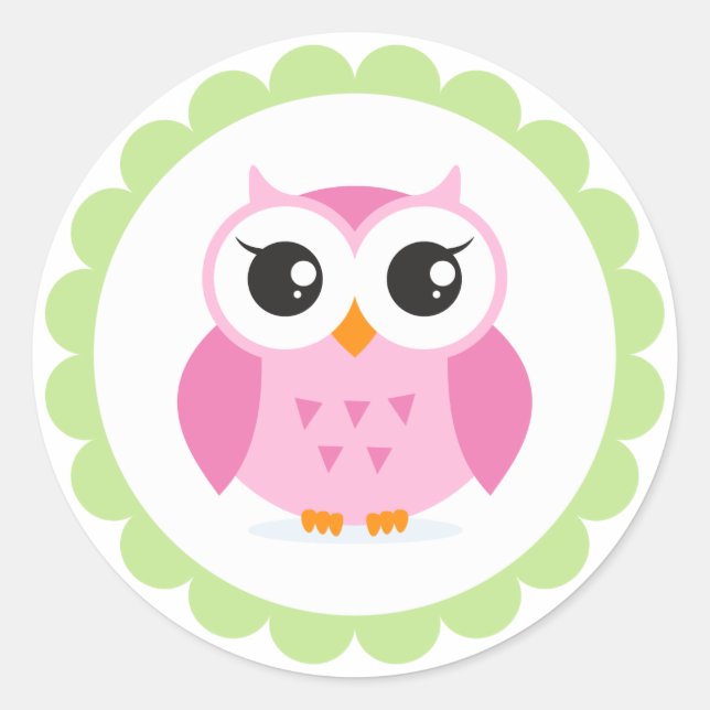 Cute pink owl cartoon inside green border classic round sticker (Front)