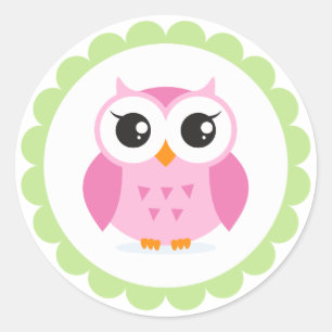 Cute pink owl cartoon inside green border classic round sticker