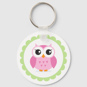 Cute pink owl cartoon inside green border key ring