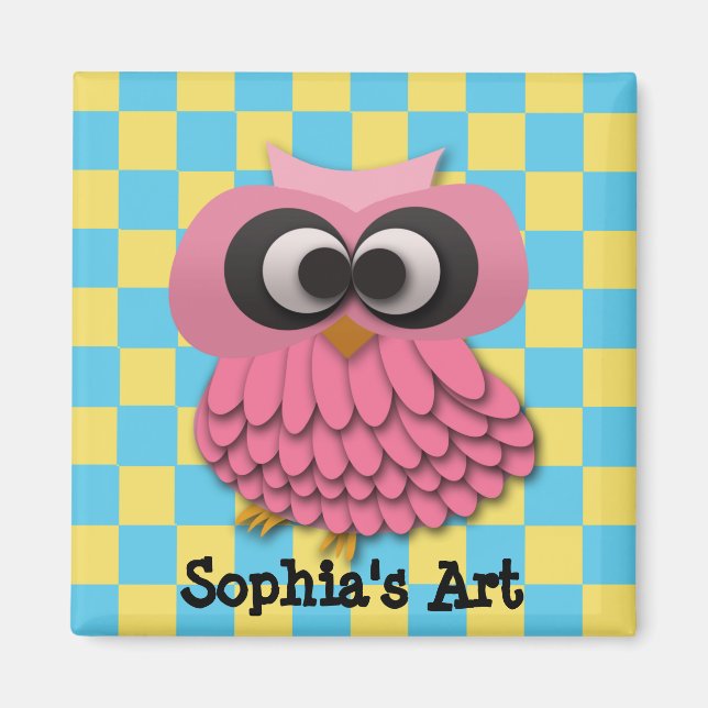 Cute Pink Owl Child's Artwork Magnet (Front)