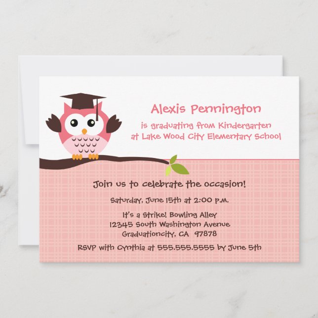 Cute pink owl elementary girl's graduation party invitation (Front)