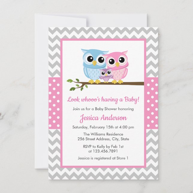 Cute Pink Owl Family Grey Chevron Girl Baby Shower Invitation (Front)