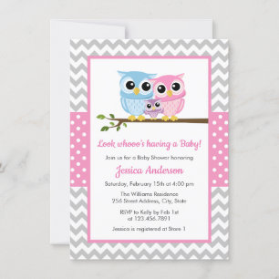 Cute Pink Owl Family Grey Chevron Girl Baby Shower Invitation