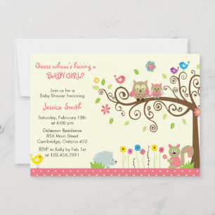 Cute Pink Owl Girl Baby Shower Invitation