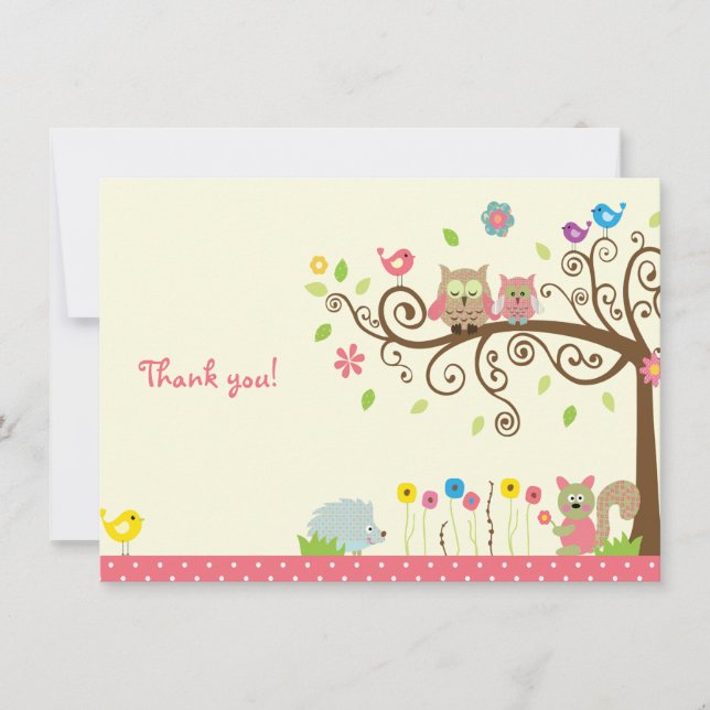 Cute Pink Owl Girl Baby Shower Thank You Cards (Front)