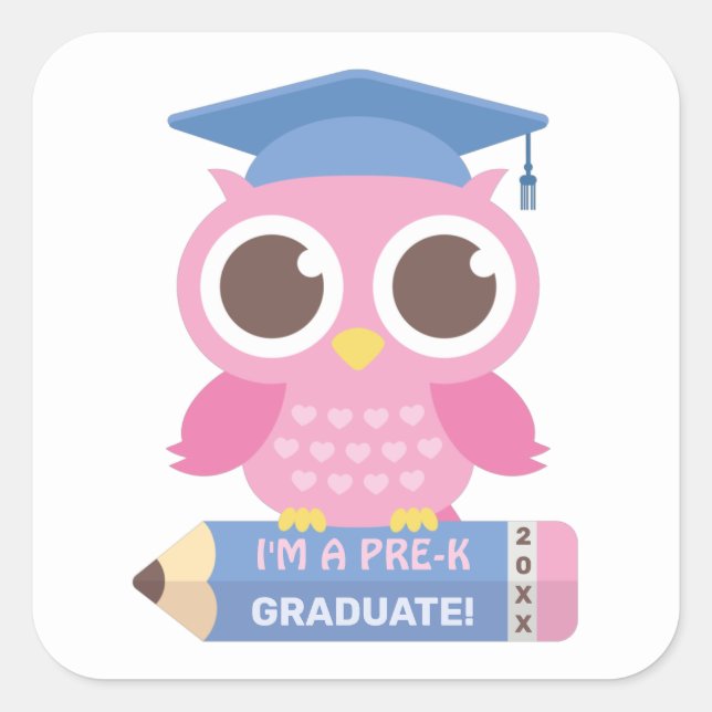 Cute Pink Owl Graduate, Graduating Party Square Sticker (Front)