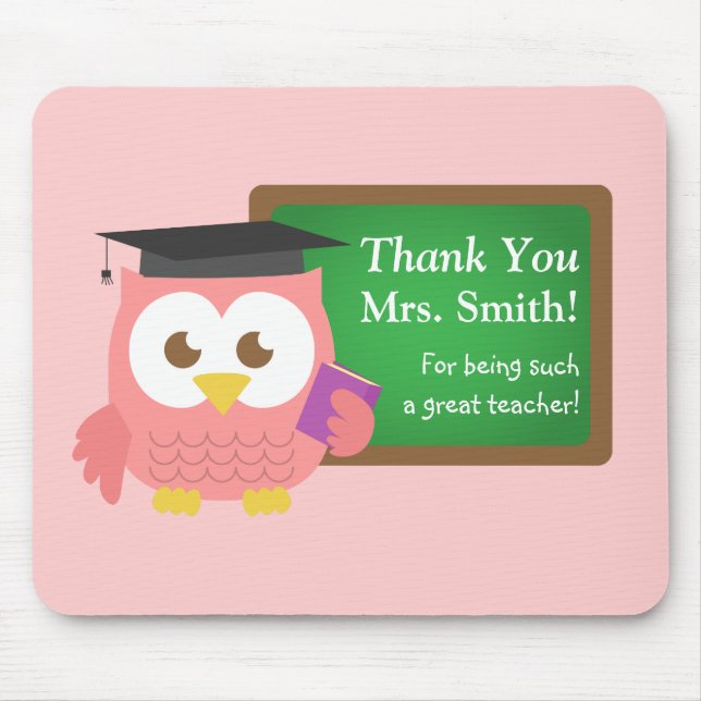 Cute Pink Owl Graduation Hat Personalised Mouse Mat (Front)
