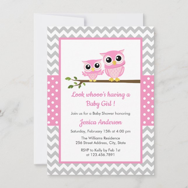 Cute Pink Owl Grey Chevron Girl Baby Shower Invitation (Front)