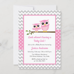Cute Pink Owl Grey Chevron Girl Baby Shower Invitation