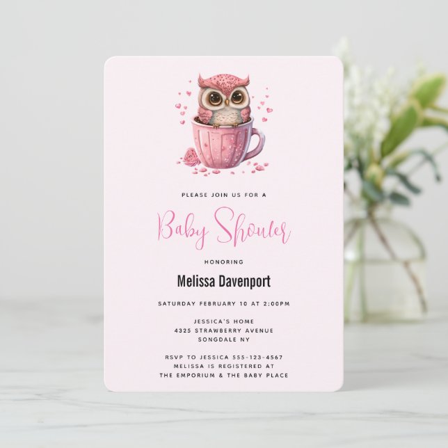 Cute Pink Owl in a Cup Baby Shower Invitation (Standing Front)