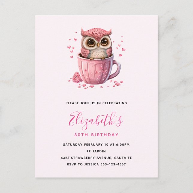 Cute Pink Owl in a Cup Birthday Postcard (Front)