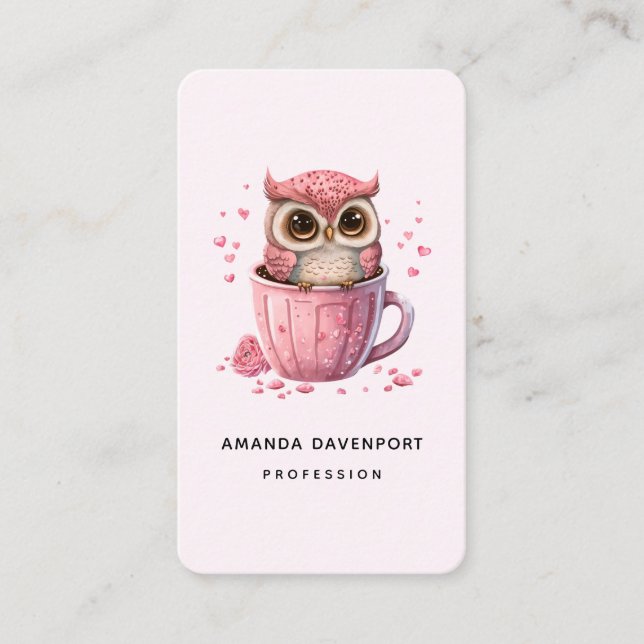 Cute Pink Owl in a Cup Business Card (Front)