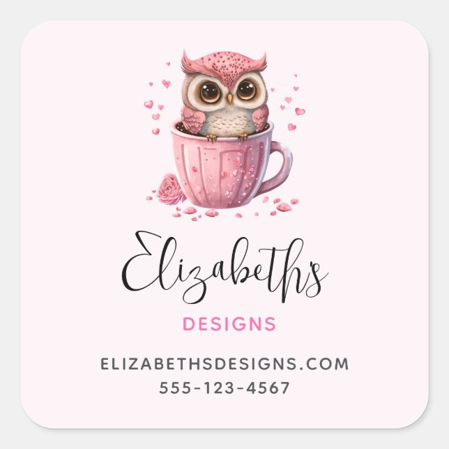 Cute Pink Owl in a Cup Business Square Sticker (Front)