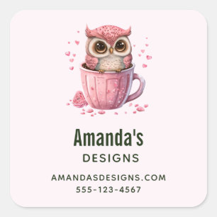Cute Pink Owl in a Cup Business Square Sticker