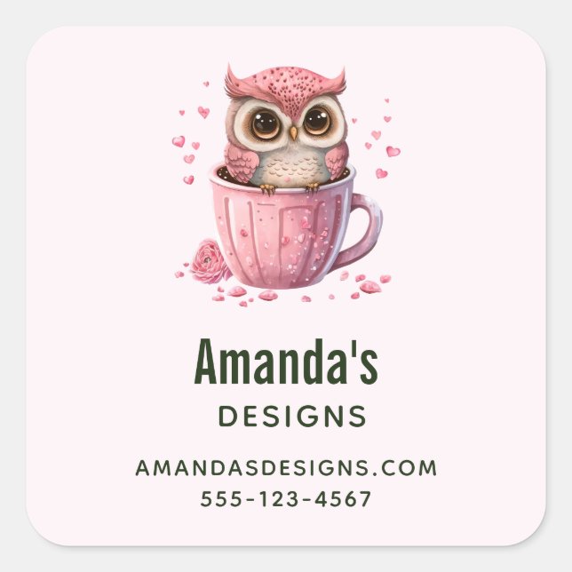 Cute Pink Owl in a Cup Business Square Sticker (Front)