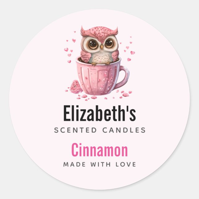 Cute Pink Owl in a Cup Candle Biz Classic Round Sticker (Front)