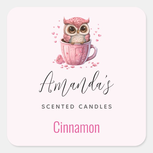 Cute Pink Owl in a Cup Candle Biz Square Sticker (Front)
