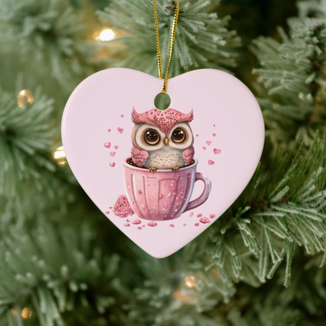 Cute Pink Owl in a Cup Ceramic Tree Decoration (Tree)