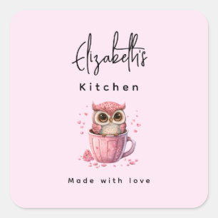 Cute Pink Owl in a Cup Kitchen Square Sticker