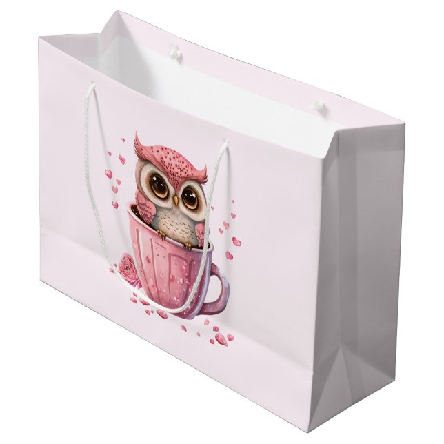 Cute Pink Owl in a Cup Large Gift Bag (Front Angled)