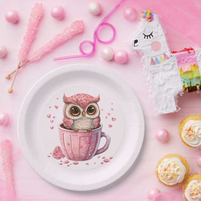 Cute Pink Owl in a Cup Paper Plate (Party)