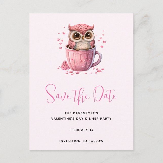 Cute Pink Owl in a Cup Save the Date Invitation Postcard (Front)