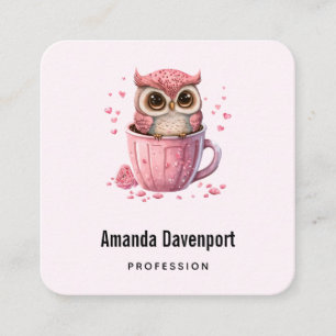 Cute Pink Owl in a Cup Square Business Card