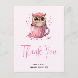 Cute Pink Owl in a Cup Thank You Postcard