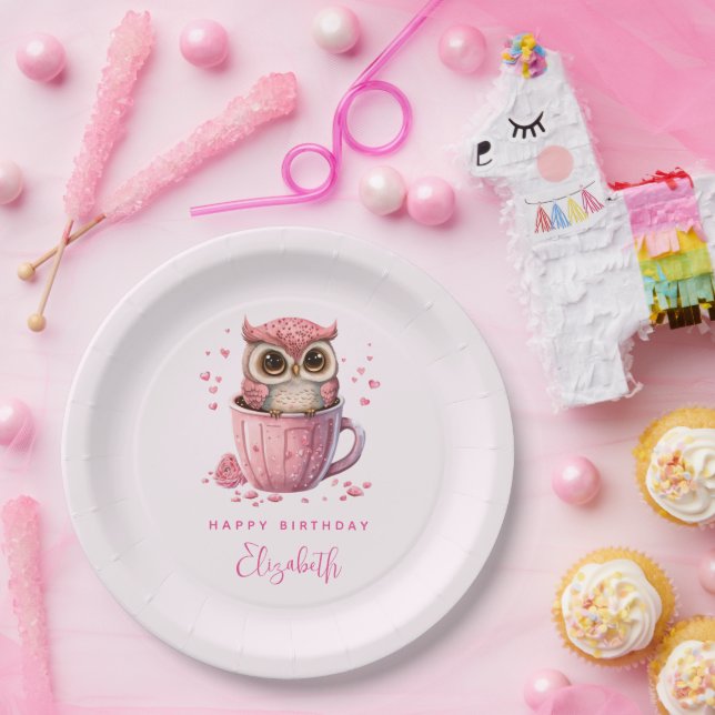 Cute Pink Owl in a Cup Valentine's Birthday Paper Plate (Party)