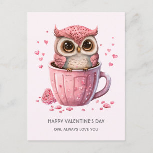 Cute Pink Owl in a Cup Valentine's Day Holiday Postcard