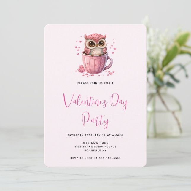 Cute Pink Owl in a Cup Valentine's Day Party Invitation (Standing Front)