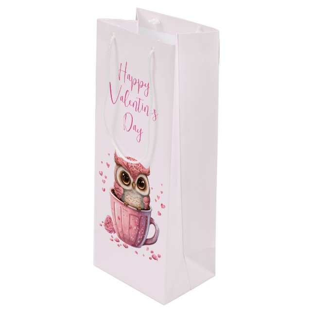Cute Pink Owl in a Cup Valentine's Day Wine Gift Bag (Front Angled)