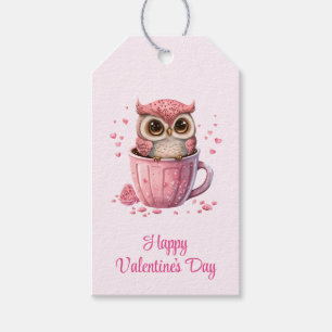 Cute Pink Owl in a Cup Valentine's Gift Tags