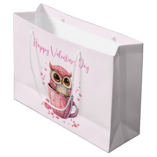 Cute Pink Owl in a Cup Valentine's Large Gift Bag