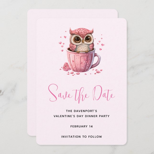 Cute Pink Owl in a Cup Valentine's Party Save The Date (Front/Back)