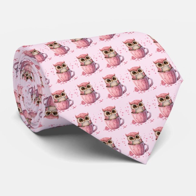 Cute Pink Owl in a Cup Valentine's Pattern Tie (Rolled)