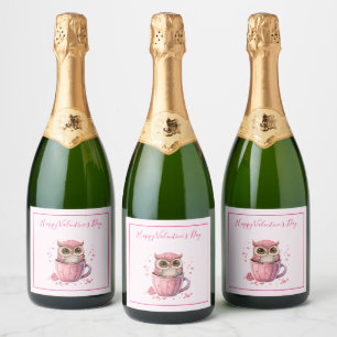 Cute Pink Owl in a Cup Valentine's Sparkling Wine Label