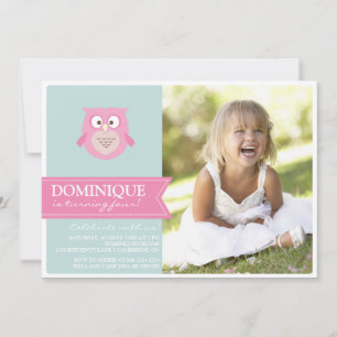 Cute Pink Owl Kids Photo Birthday Party Invitation