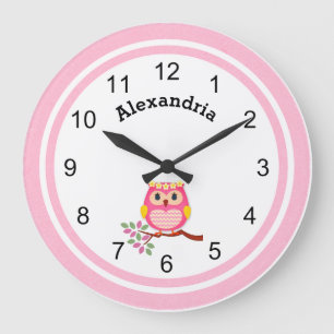 Cute Pink Owl Large Clock