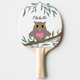 Cute Pink Owl Name Ping Pong Paddle