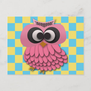 Cute Pink Owl on Blue and Yellow Checkered Postcard