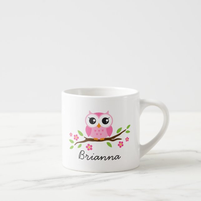 Cute pink owl on branch customisable name espresso cup (Right)