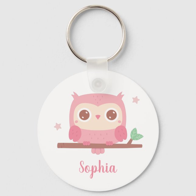 Cute Pink Owl On Branch, Girls Personalised Key Ring (Front)
