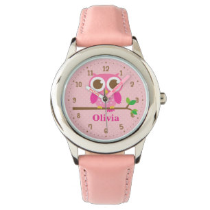 Cute Pink Owl On Branch Girls Personalised Watch