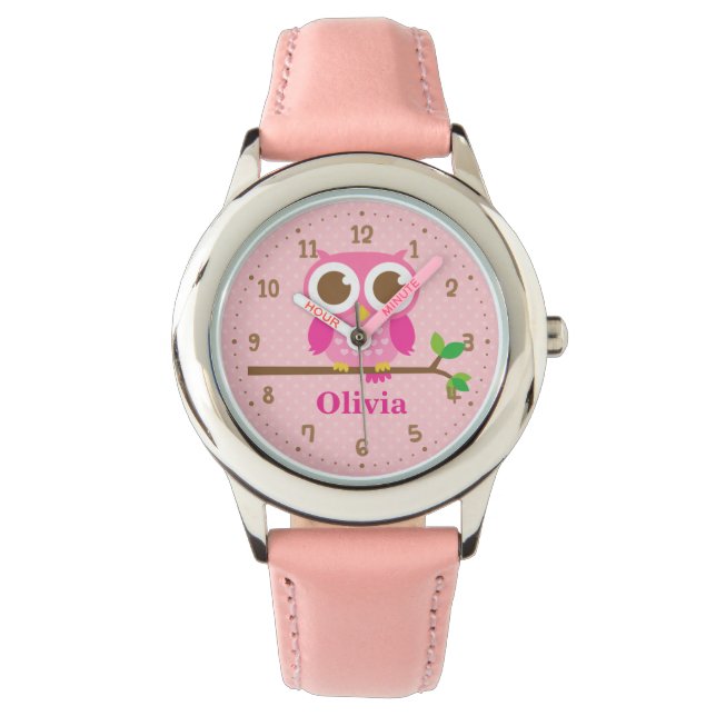 Cute Pink Owl On Branch Girls Personalised Watch (Front)