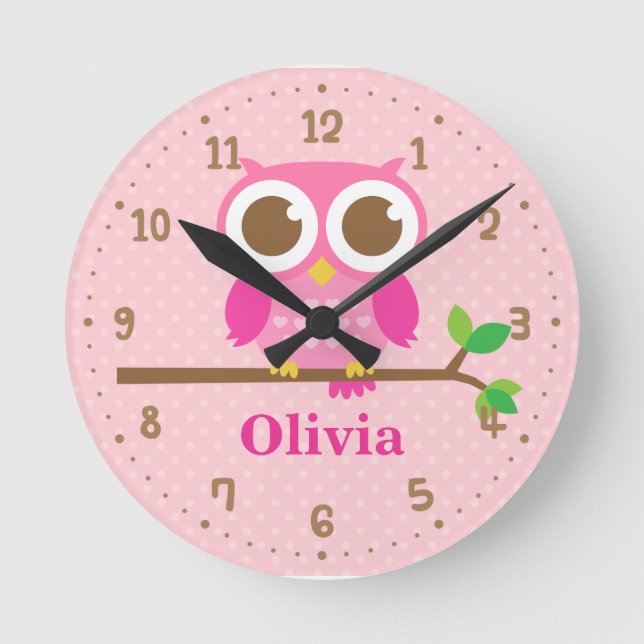 Cute Pink Owl on Branch Girls Wall Decor Clock (Front)