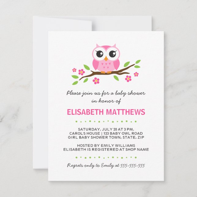 Cute pink owl on floral branch girl baby shower invitation (Front)