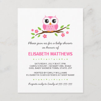 Cute pink owl on floral branch girl baby shower invitation