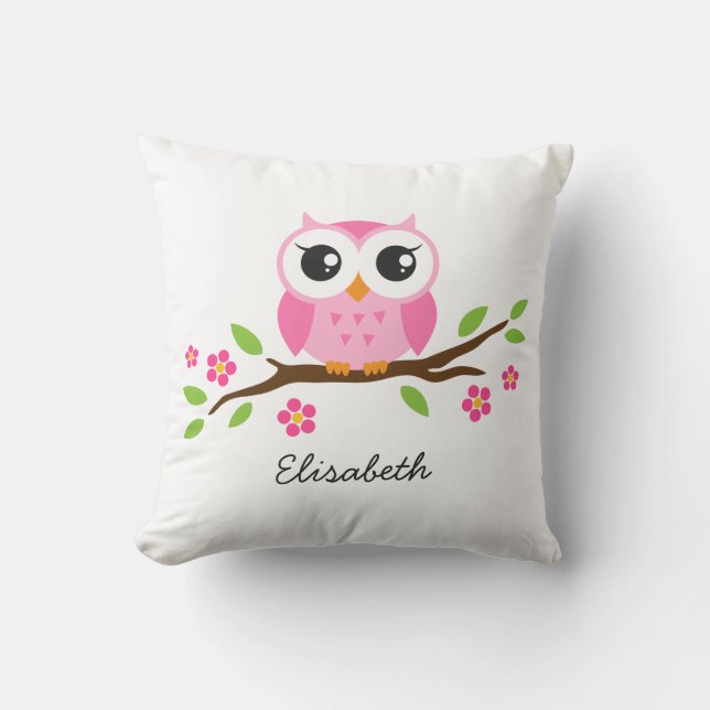 Cute pink owl on floral branch personalised name cushion (Front)